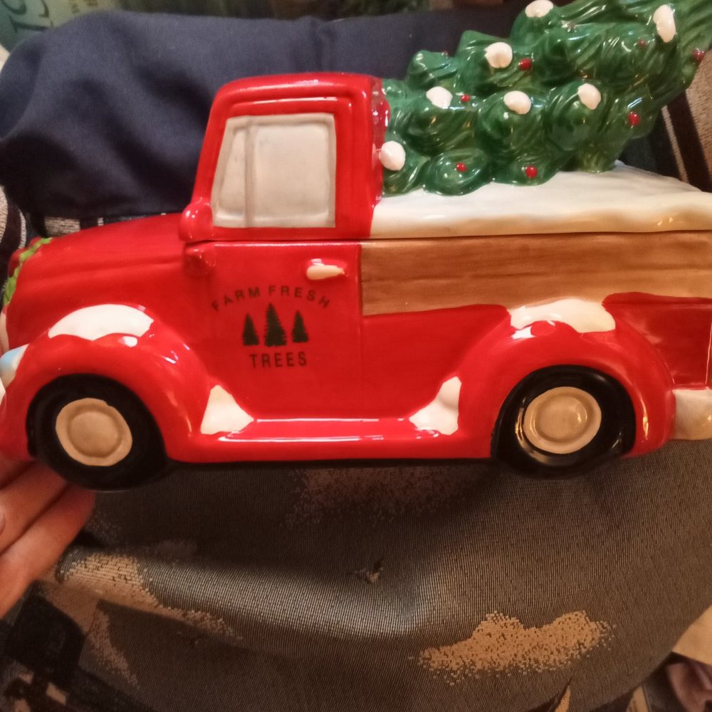 Farmhouse Red Truck with Tree in back Ceramic Cookie Jar New